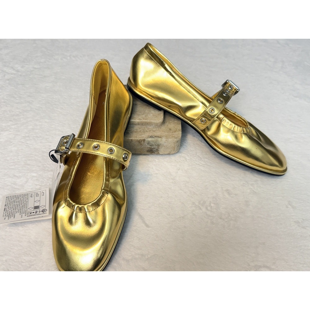 NEW MANGO MNG GOLD GATHERED STRAP BUCKLE BALLERINA BALLET FLAT SHOES 39 US 8-8.5 - Picture 3 of 12